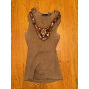 Stera Women’s Brown Wood Bead Tank Ribbed y2k boho Small Unique